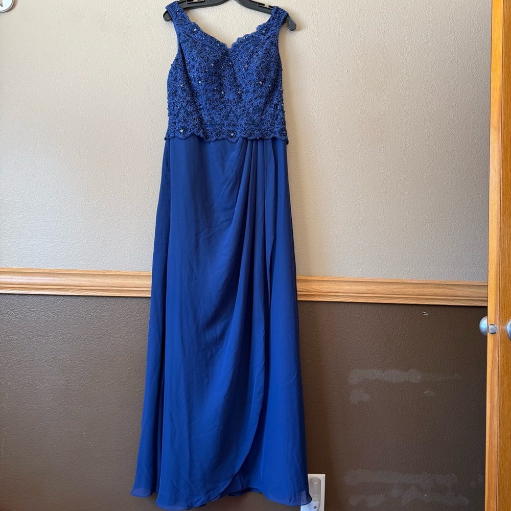 JJ’s house floor length cross over sequin and lace top special occasion dress